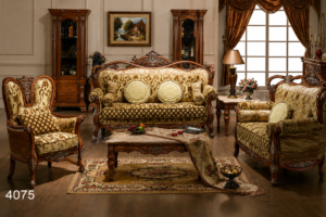 Luxury carved wooden living room sofa set featuring premium patterned upholstery, handcrafted solid wood frame, elegant accent cushions, and timeless traditional styling in a sophisticated interior.