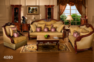 Luxurious carved wooden living room sofa set with premium beige upholstery, elegant accent cushions, polished hardwood frame, and classic European-inspired design for sophisticated interiors.