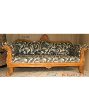 Elegant handcrafted wooden loveseat sofa with modern geometric upholstery, decorative carved frame, and matching cushions