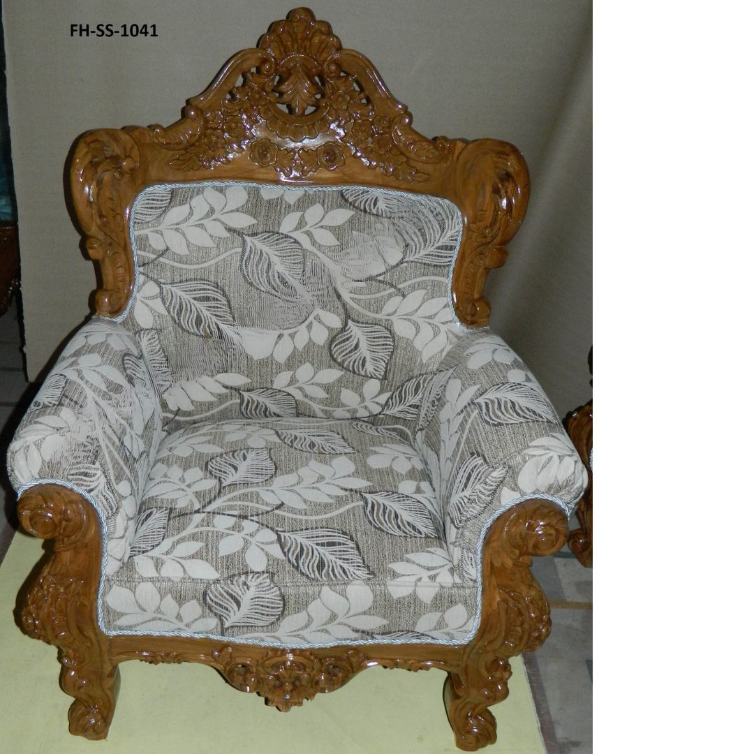 Elegant hand-carved wooden sofa set with floral upholstery and intricate royal detailing - Image 2