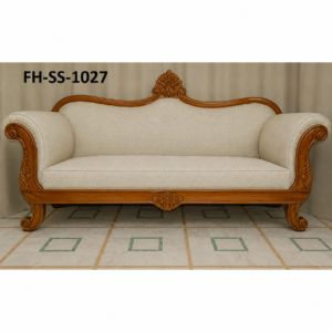 Handcrafted Solid Wood Loveseat with Elegant Scroll Arms and Premium Beige Upholstery