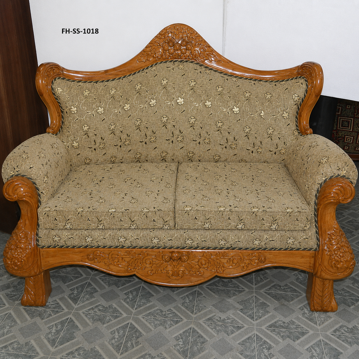 Premium Wooden Sofa Set with Beige Floral Upholstery (3-Seater & 2-Seater) - Image 2