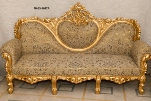 A luxurious handcrafted sofa featuring an intricately carved solid wood frame with a radiant antique gold finish and premium floral jacquard upholstery. Designed with an elegant royal crest, sweeping carved armrests, and plush seating, this European-inspired masterpiece enhances luxury homes, hotels, villas, and palace-style interiors with timeless sophistication.