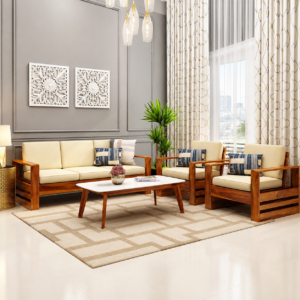 A stylish modern living room sofa set crafted from premium solid wood with a rich natural finish. Featuring soft cream fabric cushions, clean geometric lines, and a matching center table, this elegant seating set perfectly complements contemporary homes, apartments, offices, and hospitality interiors.