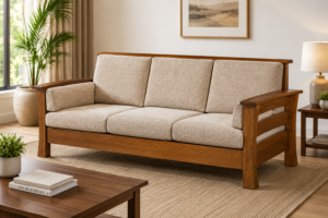 A contemporary three-seater sofa crafted from premium solid wood with a warm natural finish. Featuring soft beige upholstered cushions, clean straight lines, and stylish slatted wooden armrests, this sofa offers the perfect balance of modern elegance, durability, and everyday comfort for homes and office spaces.