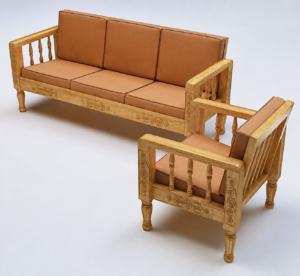 A beautifully handcrafted Classic Solid Wood Living Room Sofa Set featuring a natural wood finish, elegant vertical spindle armrests, and premium beige upholstered cushions. Combining traditional craftsmanship with modern comfort, this sofa set offers a warm and inviting look that complements homes, offices, lounges, hotels, and reception areas.