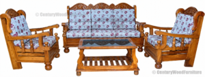 A beautifully handcrafted Classic Solid Wood Sofa Set featuring a rich natural wood finish, intricately carved wooden detailing, and premium patterned fabric cushions. Complete with a spacious three-seater sofa, two matching single-seater chairs, and a stylish wooden center table, this elegant furniture set brings timeless charm and exceptional comfort to living rooms, hotels, offices, and traditional interiors.