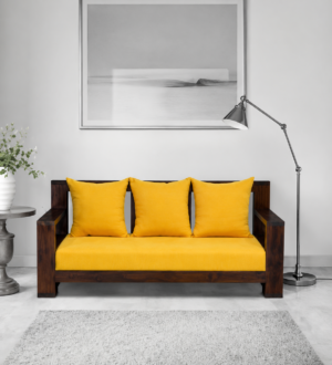A contemporary Modern Solid Wood 2 Seater Sofa featuring a sturdy solid wood frame with vibrant mustard yellow fabric cushions. Designed with clean lines and minimalist aesthetics, this sofa offers exceptional comfort while adding a stylish touch to modern living rooms, apartments, offices, lounges, and studio spaces.