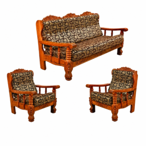 A beautifully crafted Classic Solid Wood Sofa Set (3+1+1) featuring a premium solid wood frame with elegant traditional detailing and comfortable patterned fabric upholstery. The set includes one spacious 3-seater sofa and two matching single-seater armchairs, making it an ideal centerpiece for living rooms, guest lounges, reception areas, and traditional interiors.