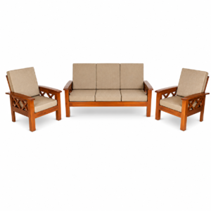 A stylish Modern Solid Wood Sofa Set (3+1+1) featuring a premium solid wood frame with elegant geometric side panel detailing and soft beige fabric cushions. The set includes one spacious 3-seater sofa and two matching single-seater chairs, making it an ideal choice for modern homes, apartments, offices, lounges, and reception spaces.