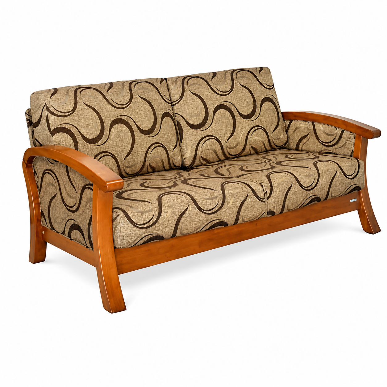 A stylish Contemporary Solid Wood 3 Seater Sofa featuring a durable solid wood frame with gracefully curved wooden armrests and premium patterned fabric upholstery. Designed for everyday comfort and modern aesthetics, this sofa is ideal for living rooms, apartments, offices, lounges, hotels, and reception areas.