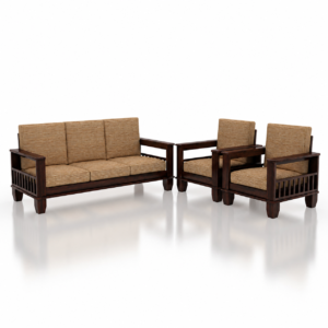 A premium Modern Solid Wood Sofa Set (3+1+1) crafted from high-quality solid wood with a rich dark walnut finish and soft beige fabric upholstery. The set includes one spacious 3-seater sofa and two matching single-seater armchairs, featuring clean lines, wide armrests, and a contemporary design that complements modern homes, offices, lounges, and reception areas.