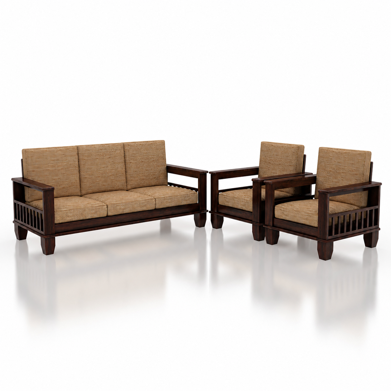A premium Modern Solid Wood Sofa Set (3+1+1) crafted from high-quality solid wood with a rich dark walnut finish and soft beige fabric upholstery. The set includes one spacious 3-seater sofa and two matching single-seater armchairs, featuring clean lines, wide armrests, and a contemporary design that complements modern homes, offices, lounges, and reception areas.