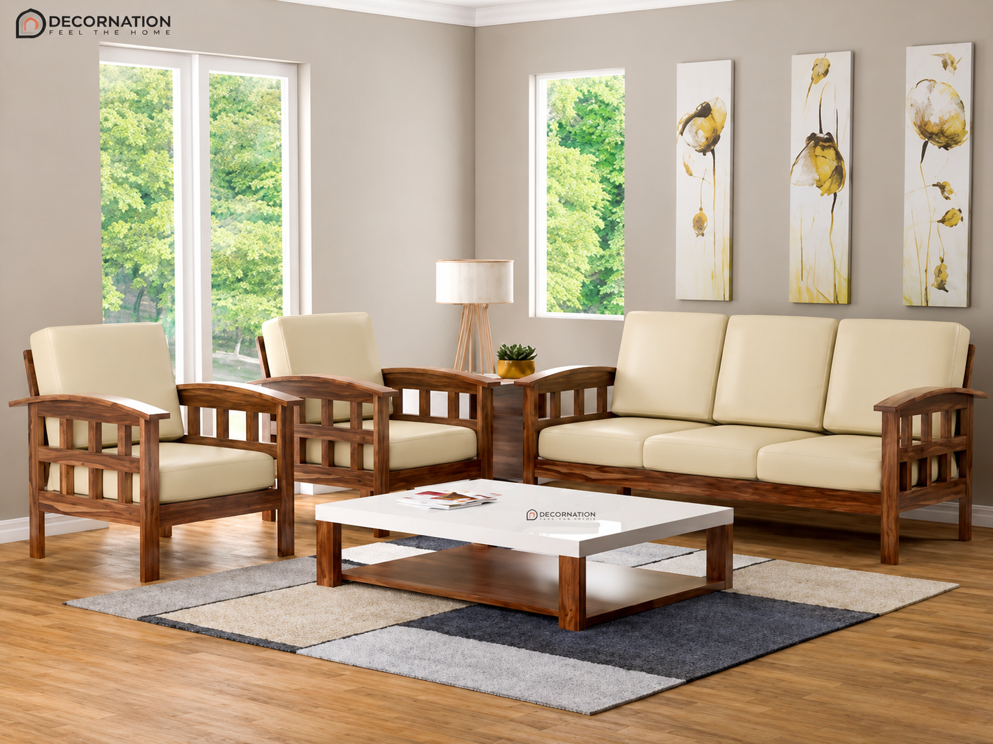 A beautifully crafted Premium Solid Wood Sofa Set (3+1+1) featuring a premium solid wood frame with a warm walnut finish and soft beige fabric upholstery. The set includes one spacious 3-seater sofa, two matching single-seater armchairs, and a coordinating center table, making it a perfect choice for modern living rooms, apartments, offices, lounges, hotels, and reception areas.