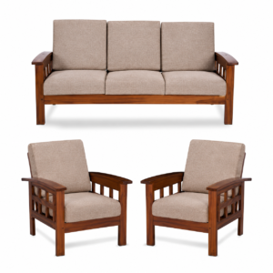 A beautifully designed Contemporary Solid Wood Sofa Set featuring a premium wooden frame with soft beige upholstered cushions. This elegant seating set includes one spacious 3-seater sofa and two matching single-seater chairs. With its clean lines, rich wood finish, and modern craftsmanship, it is an ideal choice for stylish living rooms, offices, lounges, and reception spaces.