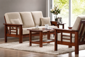 A stylish Premium Solid Wood Living Room Sofa Set featuring a beautifully finished wooden frame with soft beige upholstered cushions. The set includes a comfortable 3-seater sofa, two matching single-seater chairs, a center table, and a side table. Designed with clean lines and timeless craftsmanship, this furniture set blends elegance, comfort, and durability, making it a perfect choice for modern homes and office spaces.