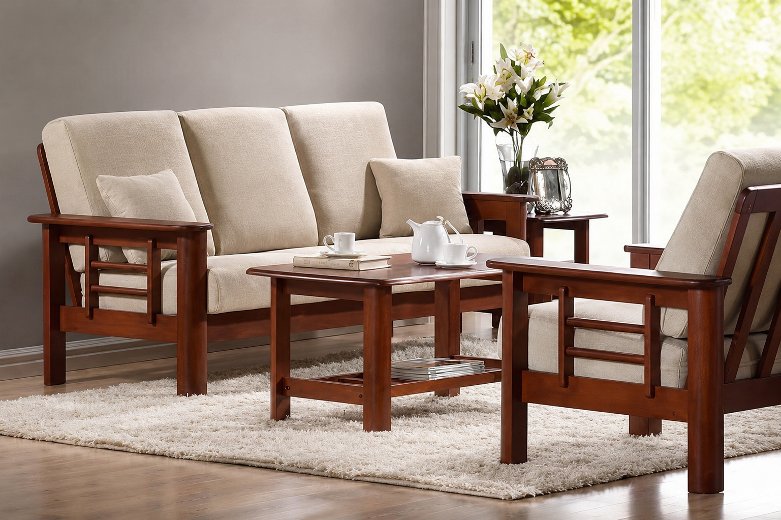 A stylish Premium Solid Wood Living Room Sofa Set featuring a beautifully finished wooden frame with soft beige upholstered cushions. The set includes a comfortable 3-seater sofa, two matching single-seater chairs, a center table, and a side table. Designed with clean lines and timeless craftsmanship, this furniture set blends elegance, comfort, and durability, making it a perfect choice for modern homes and office spaces.