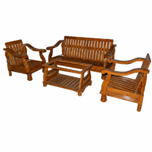 A beautifully handcrafted Traditional Solid Wood Sofa Set featuring a natural wood finish with an elegant slatted backrest and sturdy wooden frame. The set includes a spacious 3-seater sofa, two matching single-seater chairs, and a coordinating center table with a lower storage shelf. Designed with timeless craftsmanship, this furniture set offers durability, functionality, and classic style, making it an ideal addition to homes, offices, lounges, and reception areas.