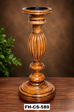 A premium Handcrafted Wooden Decorative Candle Holder featuring a natural wood grain finish with elegant fluted detailing, a beautifully turned center column, and a sturdy round pedestal base. Designed to enhance any interior, this candle holder blends classic craftsmanship with timeless elegance, making it perfect for home décor, festive occasions, hotels, restaurants, and gifting.