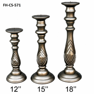 A premium Decorative Metal Candle Stand Set featuring three beautifully crafted candle holders in elegant antique silver finish. Designed in graduated heights of 12", 15", and 18", each candle stand showcases intricate embossed detailing and a timeless pedestal design, making it an eye-catching decorative accent for homes, hotels, weddings, restaurants, and festive celebrations.