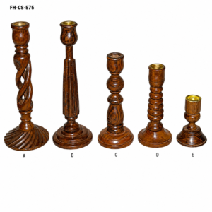 A beautifully handcrafted Wooden Candle Holder Set featuring five unique candle stand designs with a rich natural wood grain finish and brass candle cups. Each piece showcases elegant craftsmanship, making it a perfect decorative accessory for homes, hotels, restaurants, weddings, festive celebrations, and luxury interior décor.