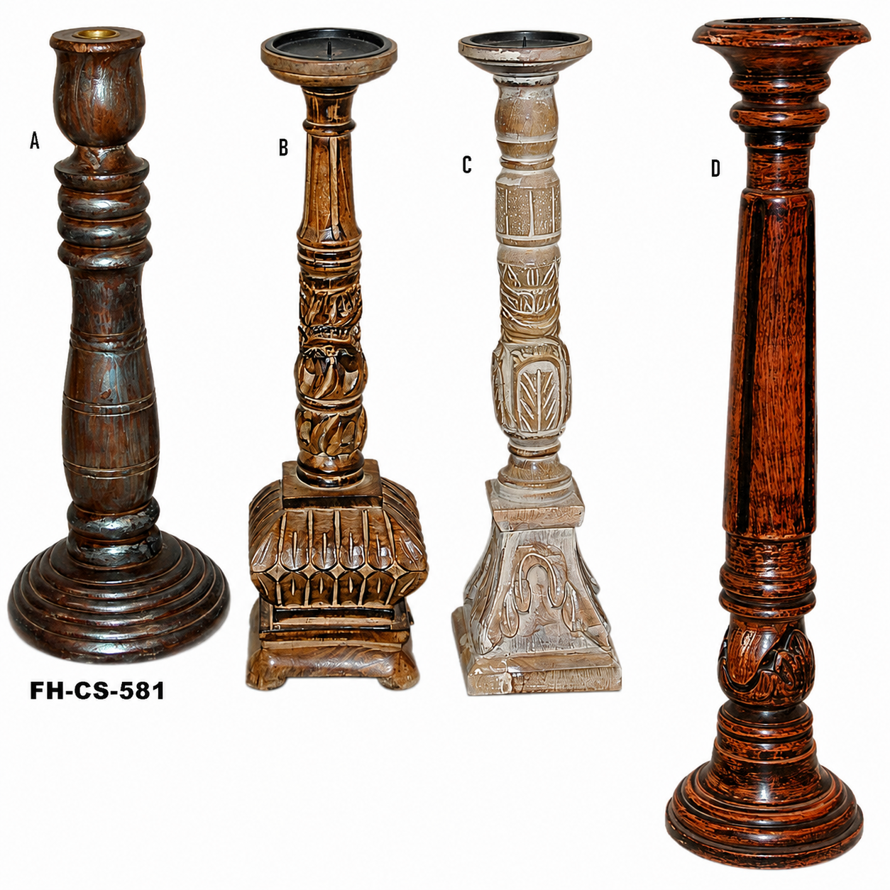 A premium Handcrafted Wooden Decorative Candle Holder Collection featuring four uniquely designed candle holders with rich natural wood finishes, distressed detailing, and intricate handcrafted carvings. Each piece is carefully crafted to blend timeless elegance with superior craftsmanship, making this collection ideal for homes, hotels, restaurants, weddings, festive celebrations, churches, and luxury interior décor.