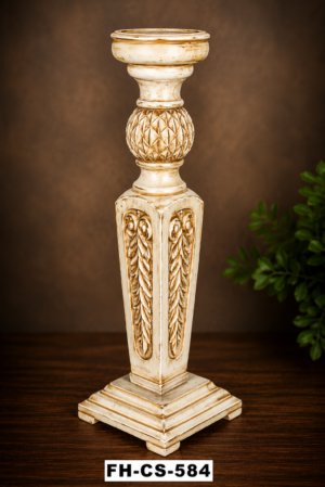 A beautifully handcrafted Antique Decorative Candle Holder featuring an elegant ivory distressed finish with intricate floral carvings, textured detailing, and a sturdy square pedestal base. Designed to add a touch of timeless luxury, this decorative candle holder is perfect for home décor, festive decorations, weddings, hotels, restaurants, churches, and gifting.