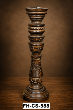 A beautifully handcrafted Rustic Decorative Candle Holder featuring a rich antique brown finish with intricate carved floral patterns, textured detailing, and a sturdy round pedestal base. Designed to bring warmth and timeless elegance, this candle holder is perfect for home décor, festive decorations, hotels, restaurants, weddings, and gifting.