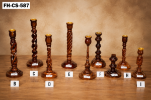 A premium Handcrafted Wooden Candle Holder Collection featuring multiple uniquely designed candle stands with rich natural wood grain finishes and elegant brass candle cups. Each handcrafted design showcases exceptional craftsmanship, making this collection ideal for home décor, hotels, restaurants, weddings, festive celebrations, churches, and luxury interior styling.
