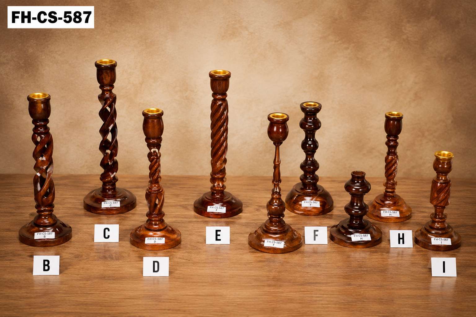 A premium Handcrafted Wooden Candle Holder Collection featuring multiple uniquely designed candle stands with rich natural wood grain finishes and elegant brass candle cups. Each handcrafted design showcases exceptional craftsmanship, making this collection ideal for home décor, hotels, restaurants, weddings, festive celebrations, churches, and luxury interior styling.