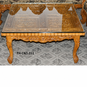A beautiful Handcrafted Wooden Carved Glass Top Coffee Table featuring a transparent glass surface, detailed floral carvings on the wooden frame, elegant curved legs, and a natural polished finish. This classic design brings a luxurious and traditional appeal to any living space.