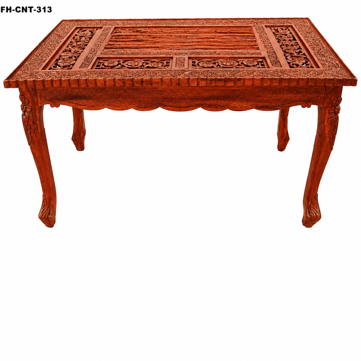 A premium Handcrafted Antique Wooden Carved Coffee Table featuring a rich wooden finish, detailed carved tabletop patterns, decorative borders, and elegant curved legs. This traditional furniture piece showcases timeless craftsmanship and adds a royal touch to any interior space.