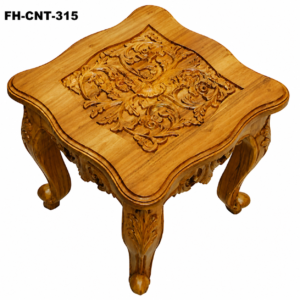 A beautifully designed Handcrafted Floral Carved Wooden Coffee Table featuring a premium wooden finish, elegant curved edges, intricate floral carving on the tabletop, and artistic carved legs. This table showcases traditional craftsmanship with a classic royal appeal.