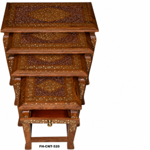 Premium Handcrafted Sheesham Wood Nesting Tables Set of 4 with Storage Drawer | Floral Inlay End Tables | Luxury Side Table Set