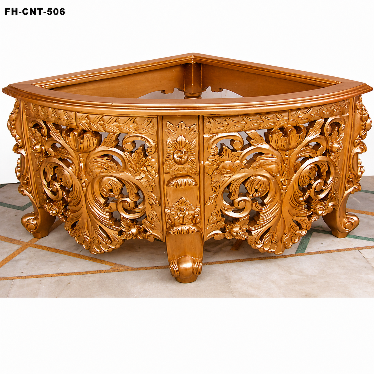 Luxury Hand-Carved Wooden Corner Table with Glass Top | Antique Gold Finish | Classic Decorative Side Table