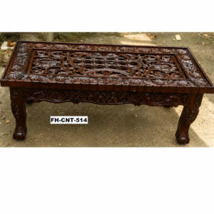 Premium Hand-Carved Wooden Coffee Table | Luxury Rectangular Center Table | Ornate Floral Design | Dark Walnut Finish