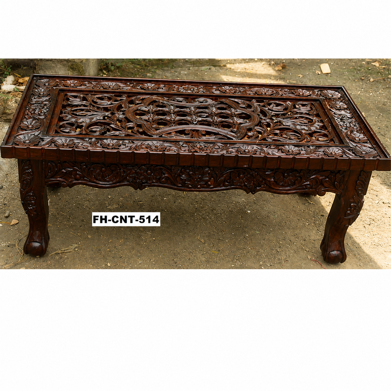 Premium Hand-Carved Wooden Coffee Table | Luxury Rectangular Center Table | Ornate Floral Design | Dark Walnut Finish