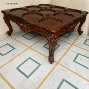 Luxury Hand-Carved Solid Wood Coffee Table | Designer Center Table with Glass Top | Royal Living Room Table | Dark Walnut Finish