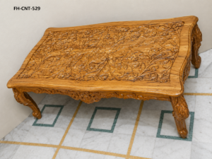 Luxury Hand-Carved Solid Wood Coffee Table | Designer Center Table | Floral Carved Living Room Table | Natural Teak Finish