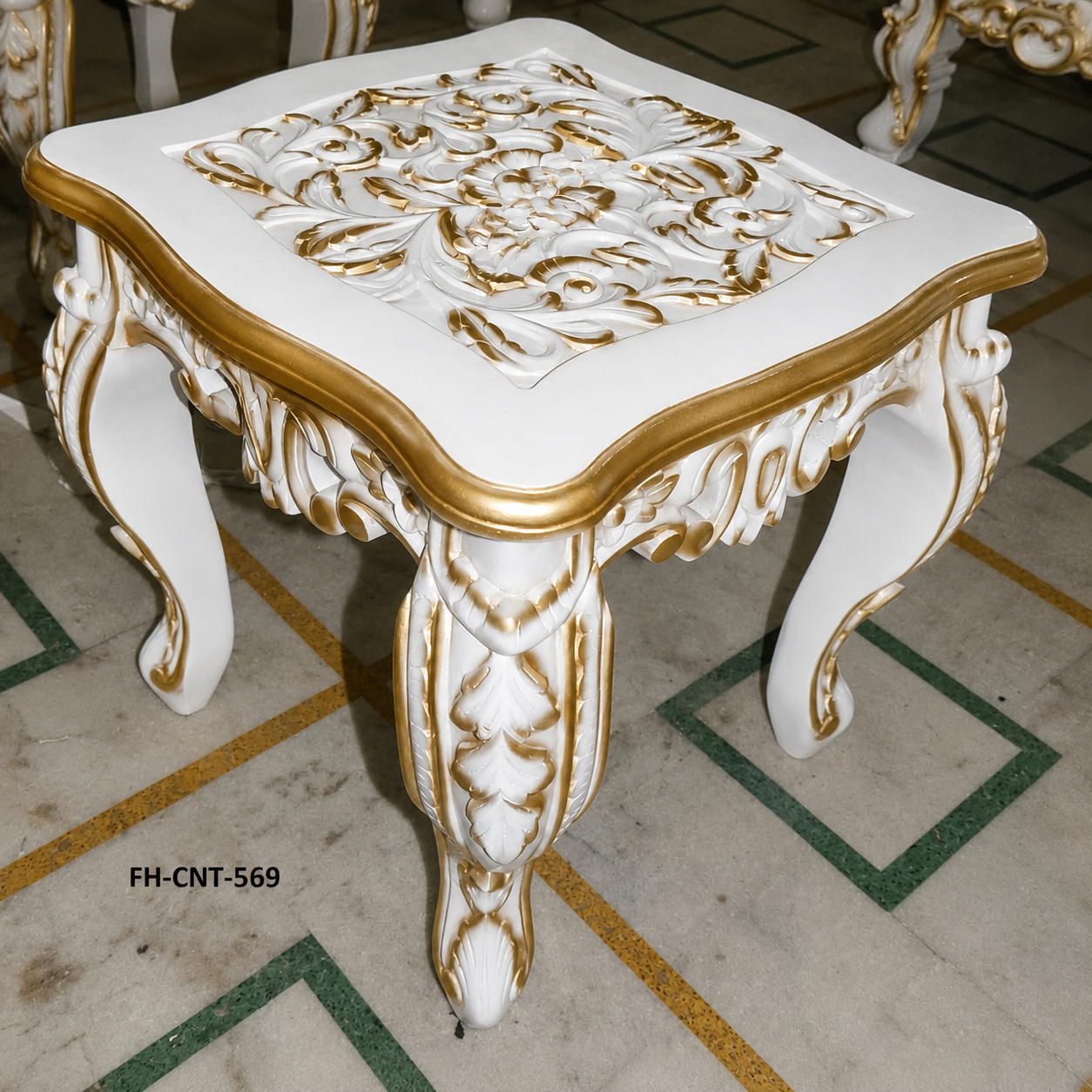 Luxury Handcrafted Solid Wood End Table | White & Gold Finish | Designer Side Table