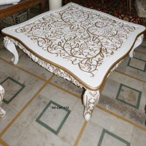 Luxury Handcrafted Solid Wood Coffee Table | White & Antique Gold Finish | Designer Center Table
