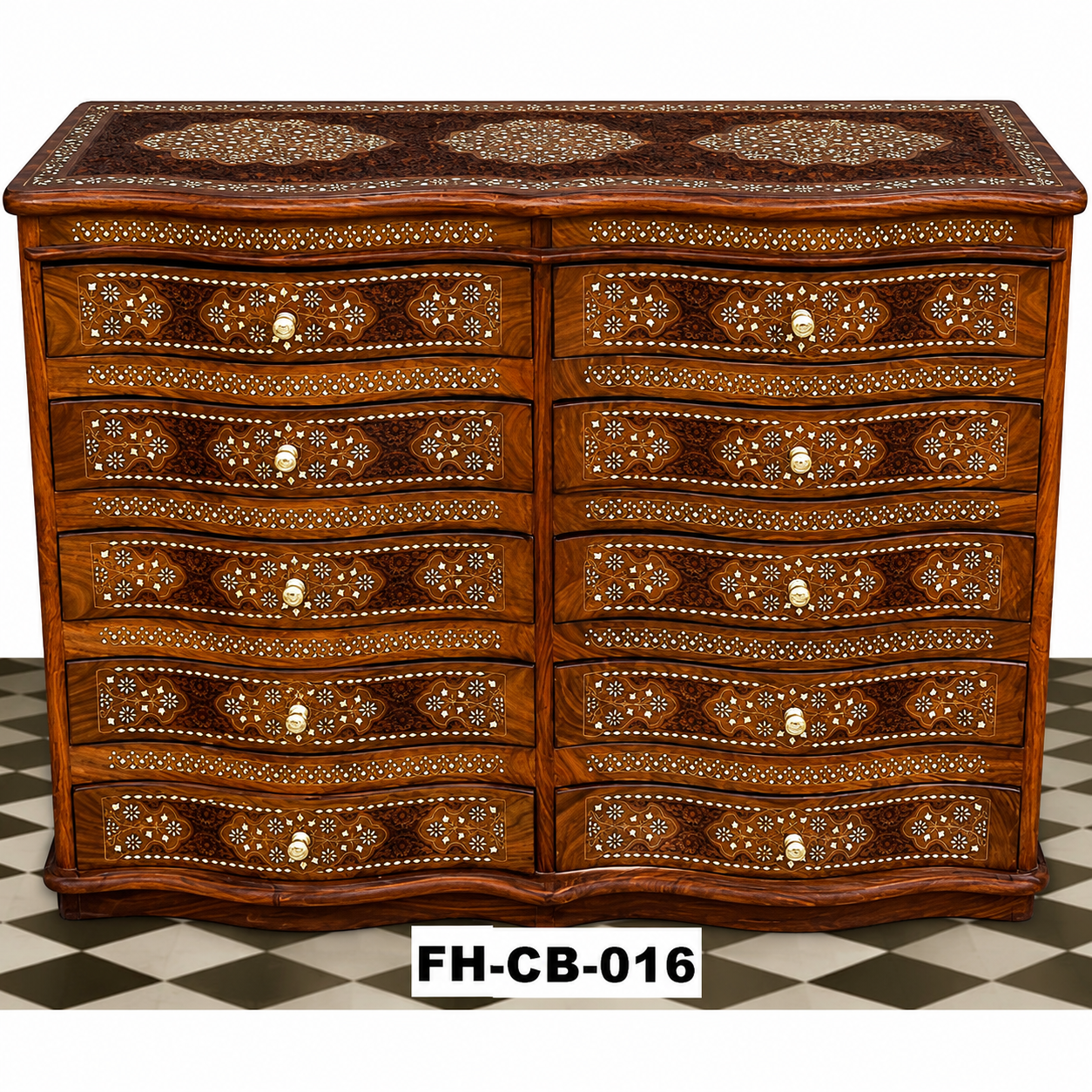 Handcrafted Solid Wood Bone Inlay Chest of Drawers | 10 Drawer Wooden Storage Cabinet | Luxury Dresser