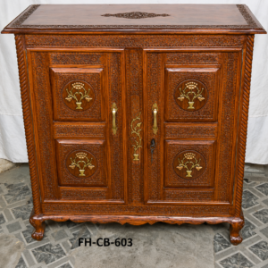 Handcrafted Solid Wood Storage Cabinet | Luxury Carved Wooden Sideboard with Floral Brass Inlay