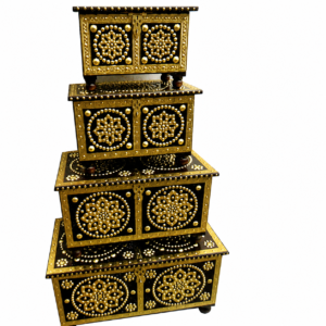 Handcrafted Wooden Decorative Storage Box Set | Antique Brass Studded Nesting Trunk Set