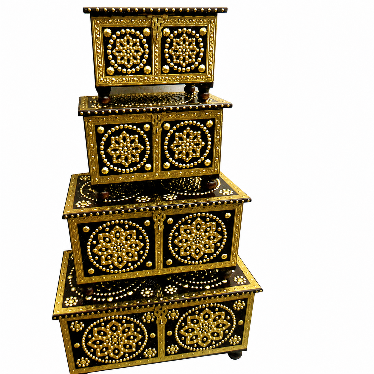 Handcrafted Wooden Decorative Storage Box Set | Antique Brass Studded Nesting Trunk Set