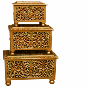 Handcrafted Wooden Carved Storage Box Set | Decorative Nesting Wooden Trunks | Vintage Artisan Treasure Chest (Set of 3)