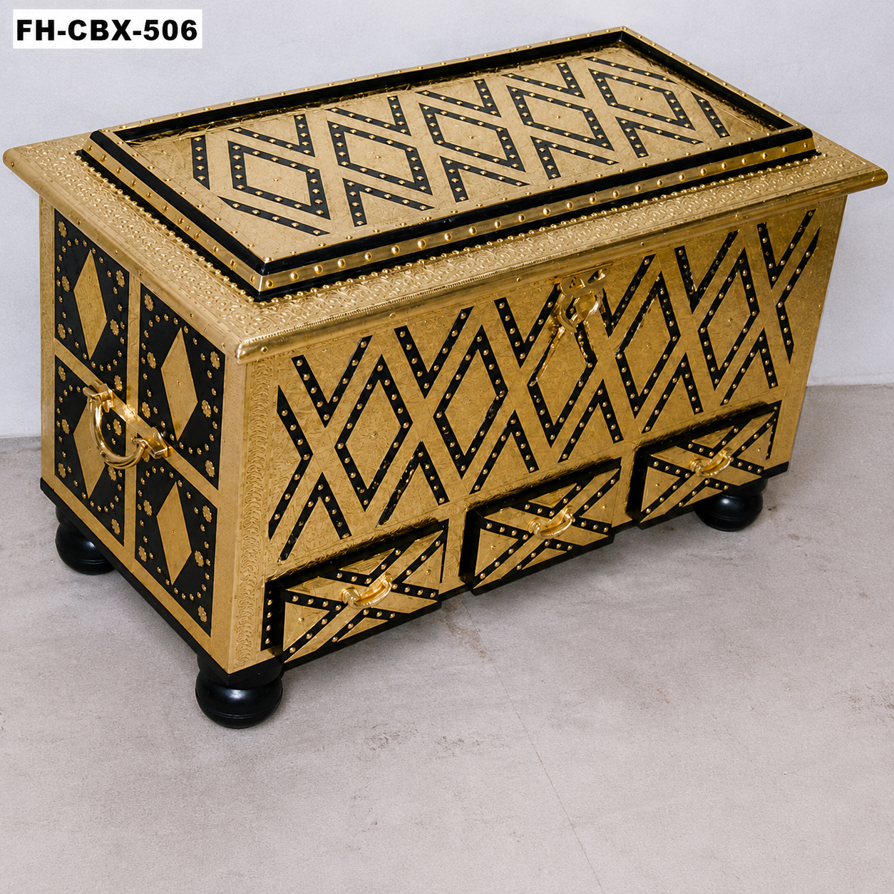Luxury Handcrafted Wooden Storage Trunk | Geometric Design Treasure Chest with Drawers | Premium Decorative Storage Box