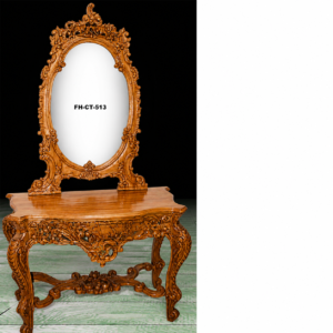 Luxury Hand-Carved Solid Wood Console Table with Oval Decorative Mirror