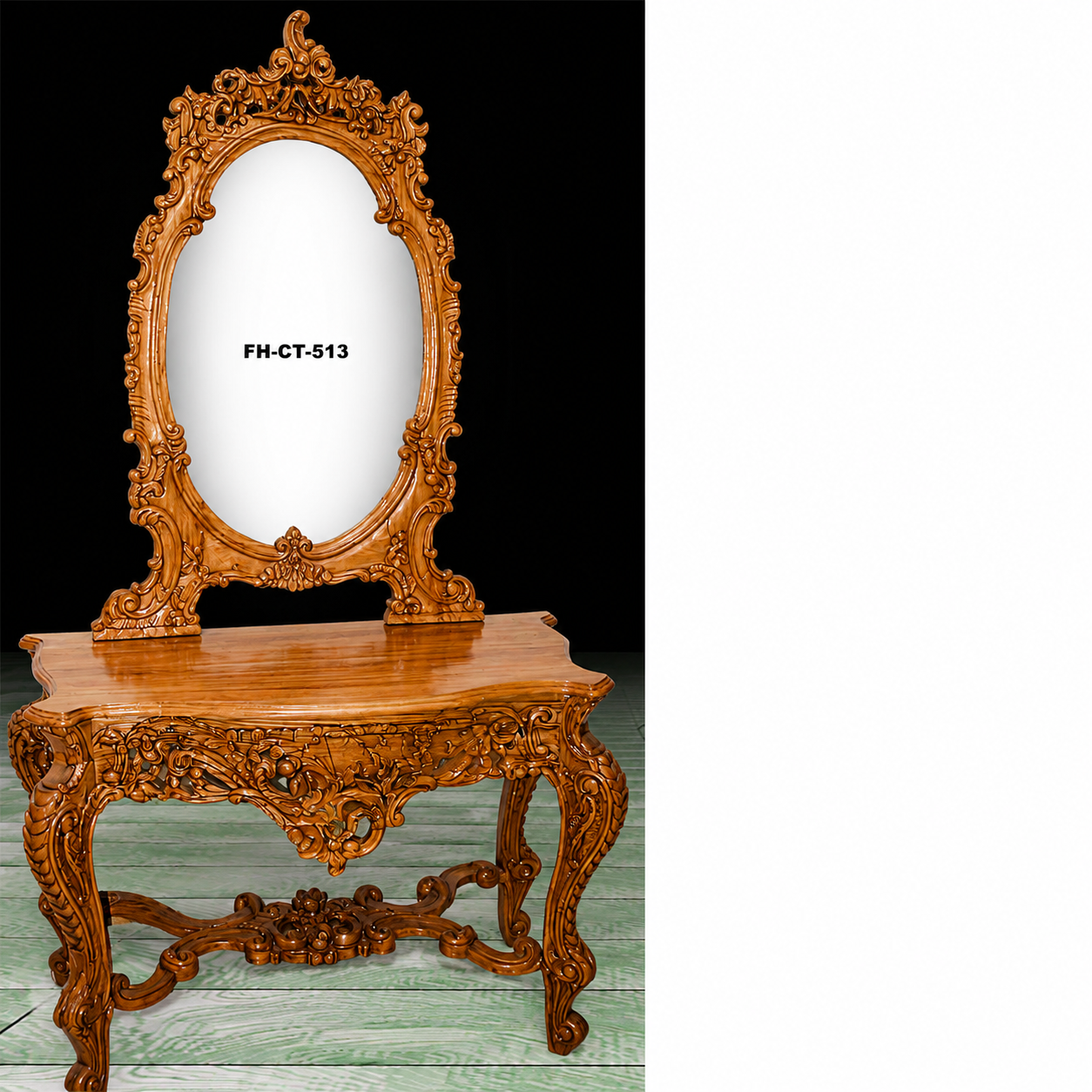 Luxury Hand-Carved Solid Wood Console Table with Oval Decorative Mirror