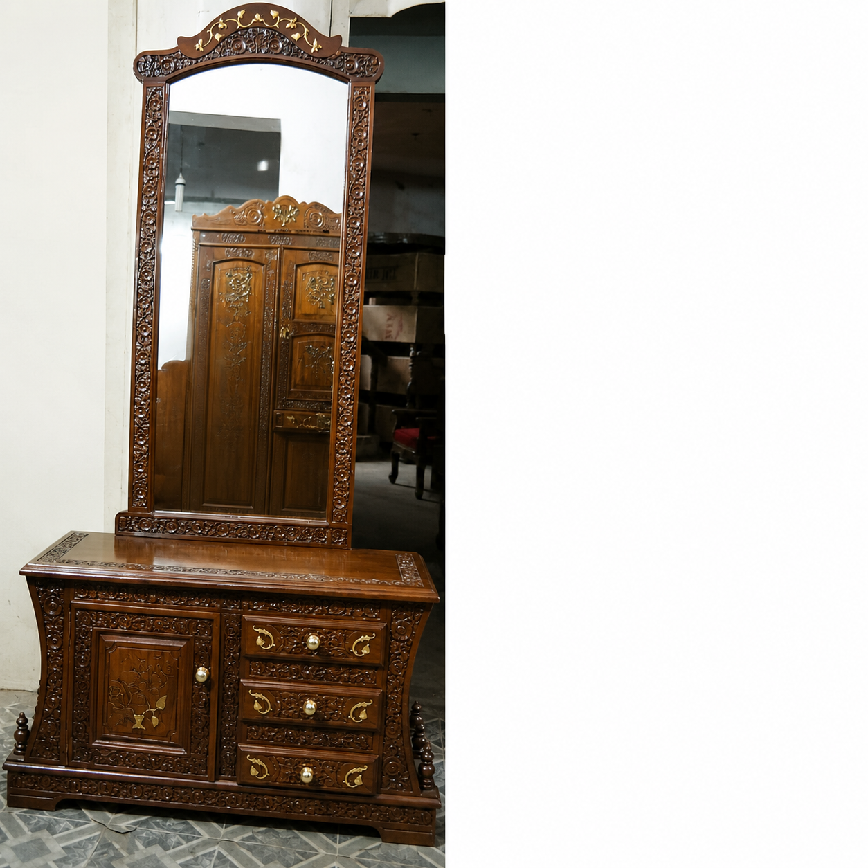 Premium Solid Wood Dressing Table with Full-Length Mirror & Storage Cabinet